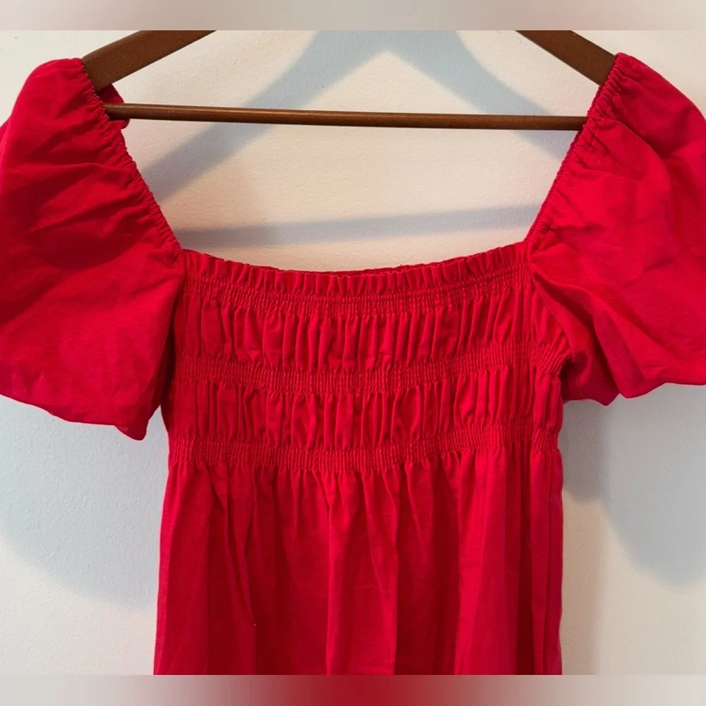 Red Smocked Maxi Dress Linen Blend Puff Sleeve Cottagecore M Kourt - Picture 6 of 6